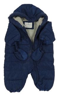 Tmavomodrá šusťáková zimní kombinéza s kapucí + rukavice M&S