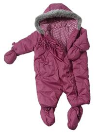 Tmavorůžová šusťáková zimní kombinéza s kapucí + rukavice a boty Mothercare