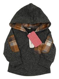 Nové - Šedo-černá melírovaná thermo mikina s nášivkami a kapucí 