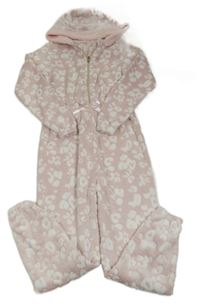 Světlerůžovo-bílá vzorovaná plyšová kombinéza s kapucí zn. Matalan