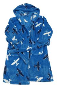 Modrý plyšový župan s letadly a kapucí M&S
