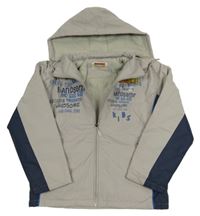 Šedo-tmavomodrá šusťáková zateplená bunda s nápisy a kapucí 