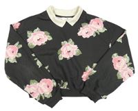 Antracitová crop mikina s růžemi a límečkem H&M