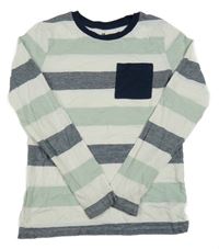 Bílo-zeleno-tmavomodré pruhované triko s kapsou H&M