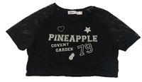 Černé crop tričko s nápisy a síťovanými rukávy Pineapple