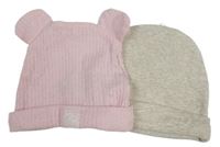 2set - 2x čepice - růžová žebrovaná s oušky + béžová žebrovaná 