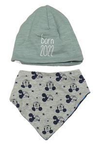 2set - zelená čepice s nápisem + šedý slinták s Mickeym 