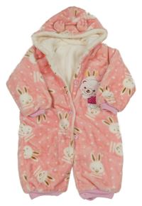 Růžová vzorovaná plyšová zateplená kombinéza s králíčky a kapucí 