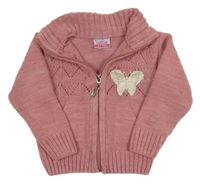Růžový vzorovaný propínací svetr s motýlkem 