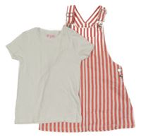 2set - Bílo-růžové pruhované riflové laclové šaty + bílé žebrované tričko F&F
