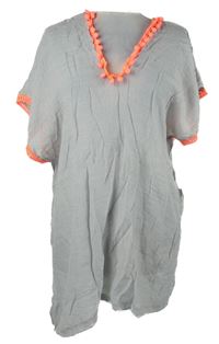 Nové - Dámská šedá plážová tunika s růžovým lemem a třásněmi 