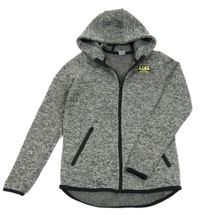 Černo-bílá melírovaná pletená propínací mikina s potiskem a kapucí Y.F.K.