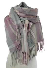 Dámská šedo-růžová kostkovaná maxi šála s třásněmi 