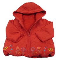 Červená šusťáková zateplená bunda s kytičkami a kapucí Mothercare