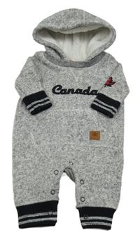 Šedá melírovaná pletená kombinéza s nápisem a kapucí