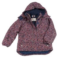 Tmavomodro-červená květovaná šusťáková zateplená bunda s kapucí Topolino