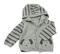 Šedo-pruhovaný propínací svetr s pejskem a kapucí Nutmeg