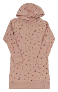 Růžové květovanéé teplákové šaty s kapucí Topolino 
