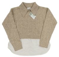 Nové - Béžový melírovaný svetr s límečkem a halenkou Primark