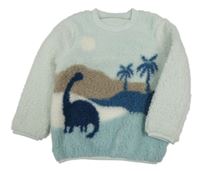 Nové- Světlemodro-bílá huňatá mikina s dinosaurem Dunnes