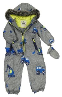 Šedá šusťáková zimní kombinéza se auty a kapucí + rukavice F&F
