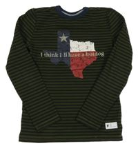 Khaki-tmavomodré pruhované triko s potiskem 