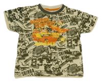 Béžovo-khaki tričko s obrázky a nápisem 