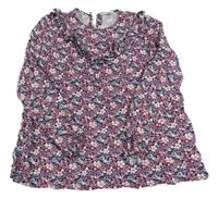 Tmavomodrá květovaná halenka s volánky Vertbaudet