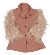 Růžová halenka s šifonovými rukávy s třásněmi 