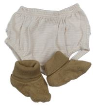 Nové - Broskvovo-bílé pruhované kraťasy + béžové pletené capáčky 