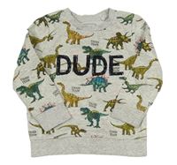 Světlešedá melírovaná mikina s dinosaury a nápisem C&A