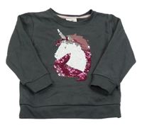 Tmavošedá mikina s jednorožcem z překlápěcích flitrů Topolino