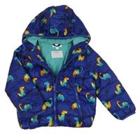 Tmavomodrá prošívaná šusťáková pod/zimní bunda s dinosaury a kapucí M&Co