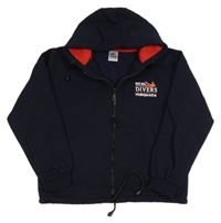 Tmavomodrá propínací teplá mikina s nápisy a letadlem a kapucí