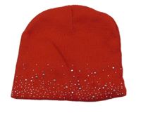 Červená pletená čepice s kamínky 