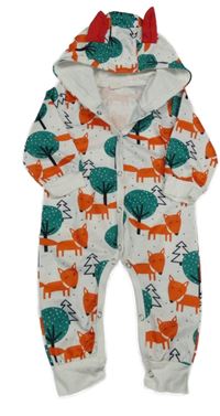 Bílá tepláková kombinéza s liškami a stromečky a kapucí s oušky