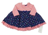 Nové - růžovo-tmavomodré šaty s barevnými srdíčky a mašli a volánkem s madeirou early days