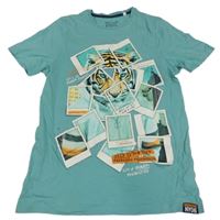 Modrozelené tričko s potiskem a tygrem C&A
