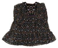 Černé žoržetové šaty s kytičkami a volánky Matalan