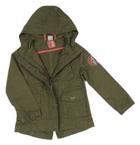 Tmavokhaki plátěná parka s plameňákem a kapucí POCOPIANO