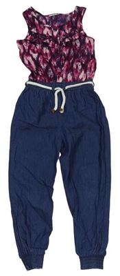 Růžovo-modrý šifonovo/riflový kalhotový overal Matalan