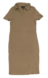 Hnědé žebrované elastické polo šaty New Look