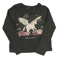Antracitové triko s jednorožcem a růžemi Primark