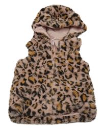 Starorůžová kožešinová zateplená vesta s leopardím vzorem a kapucí M&Co.