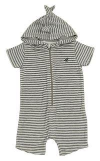 Šedo-bílý pruhovaný froté kraťasový overal s kapucí Next