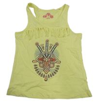 Žlutý top s potiskem a třásněmi Alive