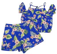 2 set - Modrý květovaný lehký crop top + kraťasy New Look