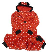 Červená chlupatá puntíkatá kombinéza s kapucí - Minnie 
