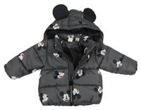 Tmavošedá šusťáková zimní bunda s Mickeym a kapucí H&M