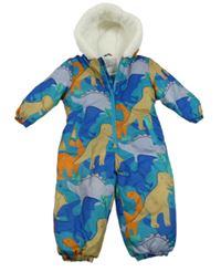 Zeleno-fialovo-béžová šusťáková zimní kombinéza s dinosaury a kapucí George